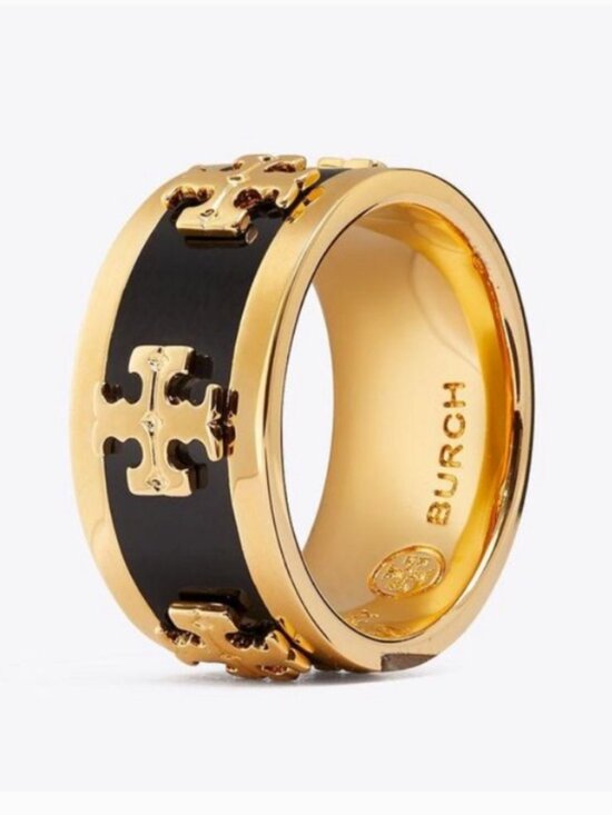 Tory Burch Jewelry - Tory Burch Kira Enamel Logo Ring Black Gold Tone Statement Ring size7 NEW